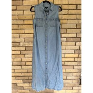 Talbots Sleeveless Chambray Denim Maxi Dress Light Wash Snap Front Blue Sz 2 XS